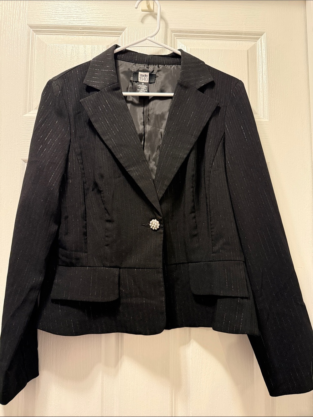 Studio 1940 Black Blazer with Subtle Silver Pinstripe and Decorative Button
